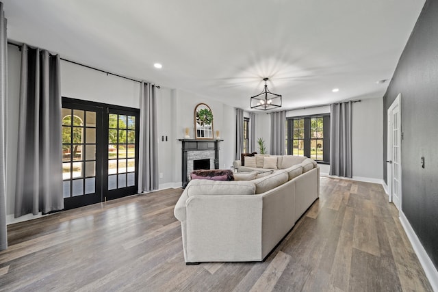 living room featuring french doors, plenty of natural light, a stone fireplace, and wood-type flooring