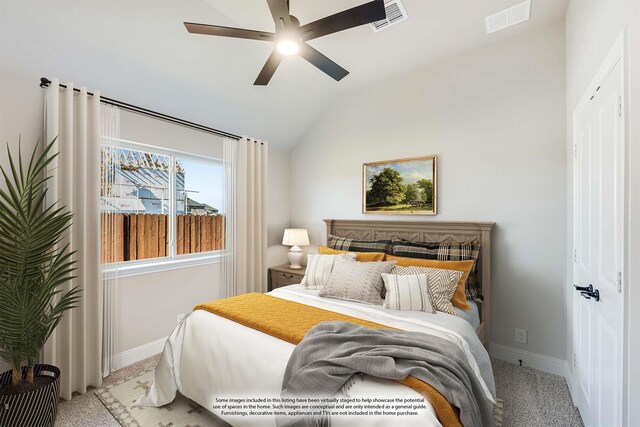 bedroom featuring light colored carpet, ceiling fan, and lofted ceiling