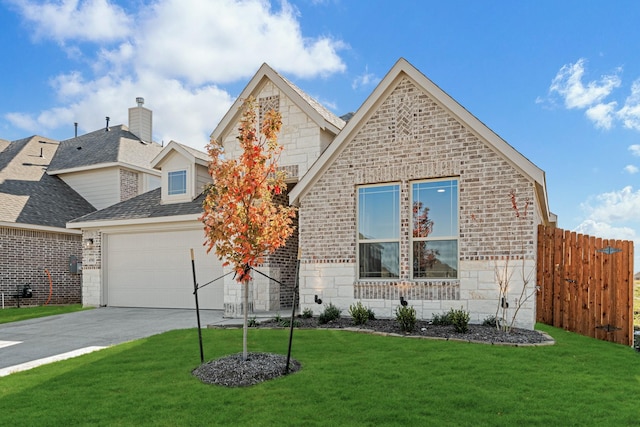 view of front of home featuring a front yard and a garage