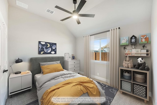 carpeted bedroom featuring ceiling fan and lofted ceiling