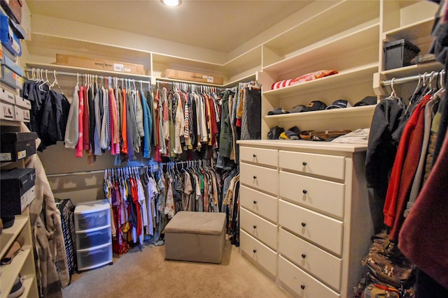 spacious closet featuring light colored carpet