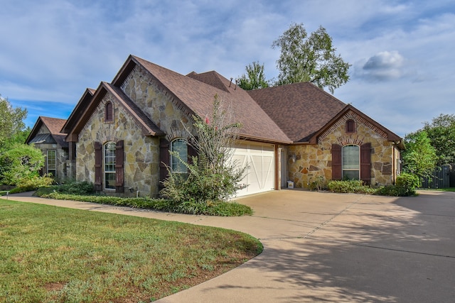 french provincial home featuring a front yard and a garage