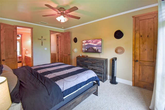 carpeted bedroom featuring crown molding, connected bathroom, and ceiling fan