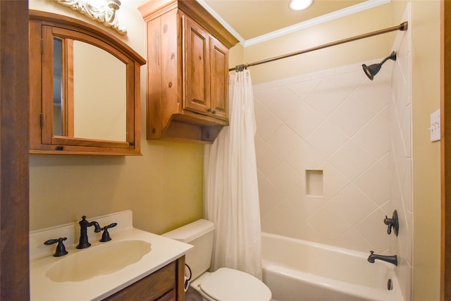 full bathroom with shower / bath combo, toilet, ornamental molding, and vanity