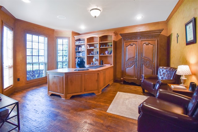 office area with crown molding and dark hardwood / wood-style floors