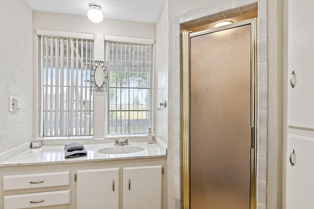 bathroom featuring a shower with shower door, a textured ceiling, and vanity