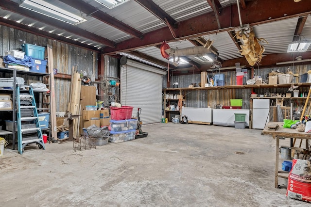 garage with white fridge