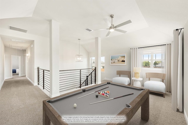 game room featuring ceiling fan with notable chandelier, billiards, lofted ceiling, and light colored carpet