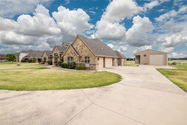 view of front of house featuring stone siding and a front lawn