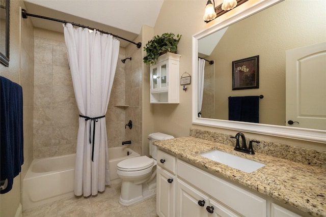 full bathroom with toilet, tile patterned flooring, shower / bath combo, and vanity