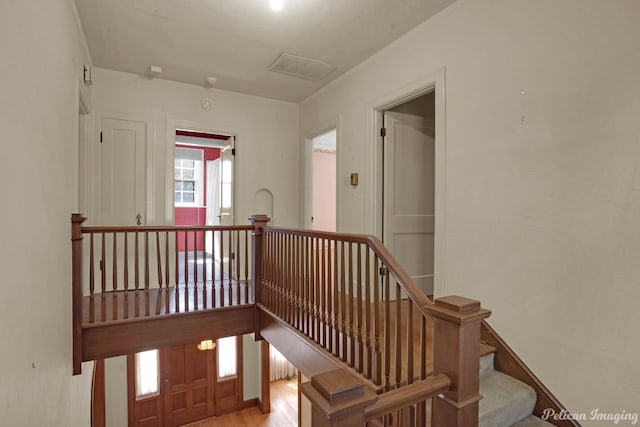 stairway with hardwood / wood-style floors