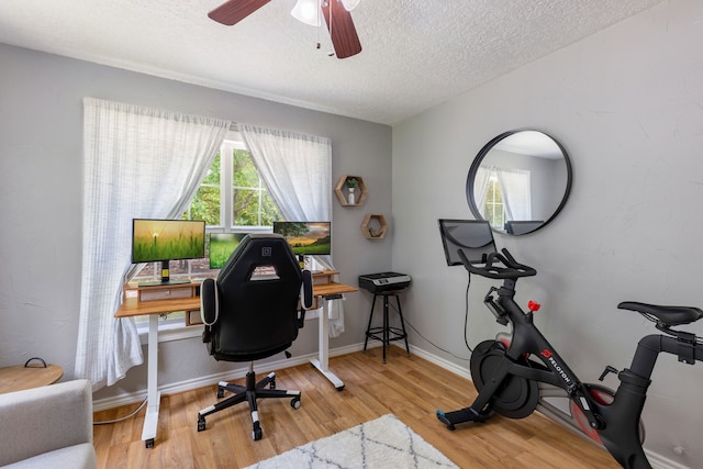 home office featuring ceiling fan, a textured ceiling, and light hardwood / wood-style floors