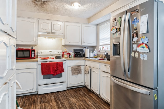 kitchen with dark hardwood / wood-style floors, white range with electric stovetop, stainless steel fridge, and white cabinetry