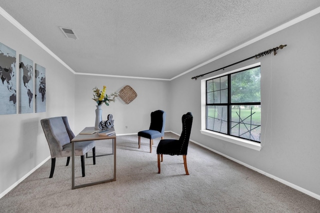 carpeted office space with a textured ceiling, ornamental molding, and baseboards