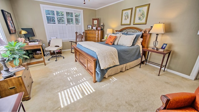 bedroom with light colored carpet and ornamental molding