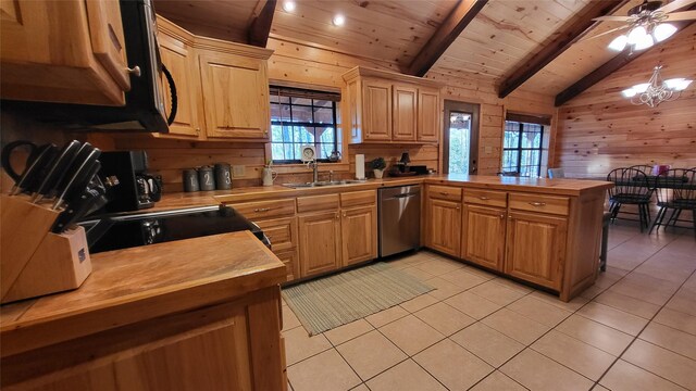 kitchen featuring a peninsula, butcher block counters, wood walls, a sink, and stainless steel dishwasher