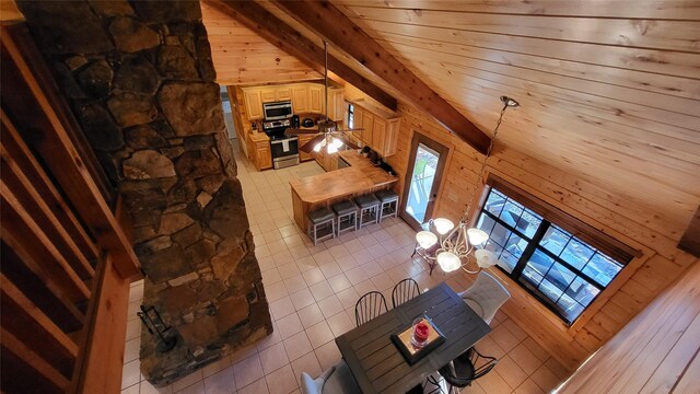 living area featuring vaulted ceiling with beams, wooden ceiling, and wooden walls