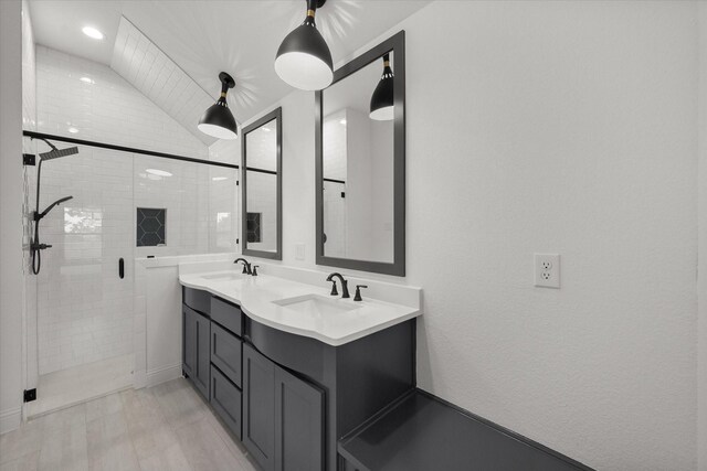 bathroom featuring a shower with door and dual bowl vanity