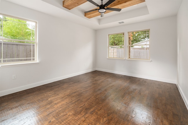 spare room featuring a tray ceiling, a wealth of natural light, dark wood-type flooring, and ceiling fan