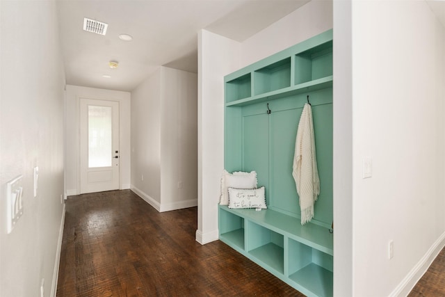 mudroom featuring dark wood-type flooring