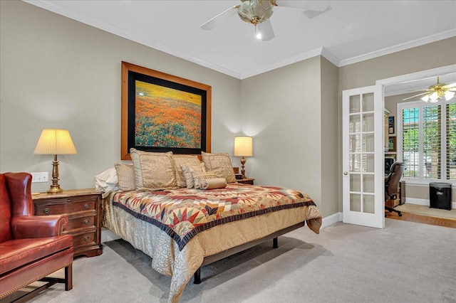 bedroom with crown molding, ceiling fan, light colored carpet, and french doors