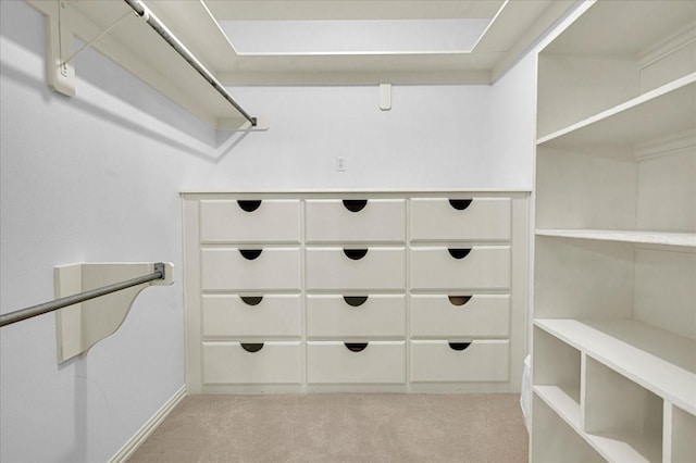 walk in closet with light carpet