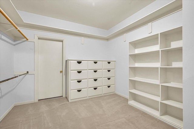 walk in closet featuring light carpet