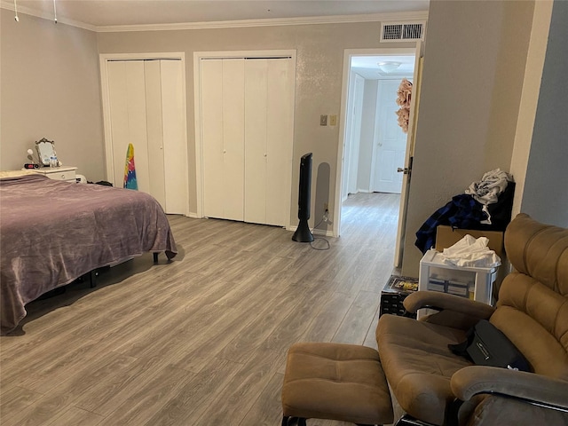 bedroom featuring ornamental molding, two closets, and light wood-type flooring