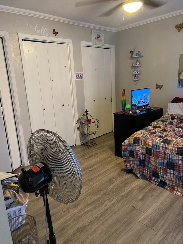 bedroom featuring multiple closets, ornamental molding, hardwood / wood-style flooring, and ceiling fan