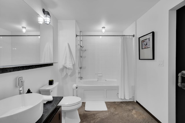 full bathroom with vanity, shower / tub combo with curtain, concrete flooring, and toilet