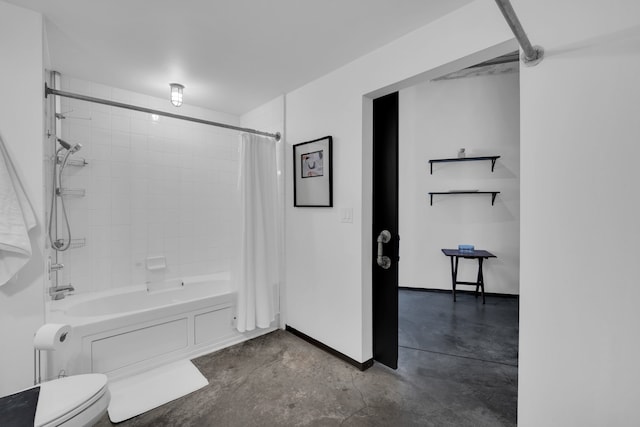 bathroom featuring toilet, shower / bathtub combination with curtain, and concrete floors