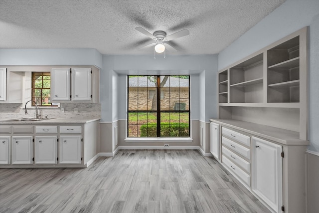 kitchen featuring sink, light hardwood / wood-style flooring, white cabinets, and tasteful backsplash