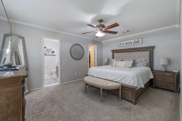 carpeted bedroom with ornamental molding, ensuite bathroom, and ceiling fan