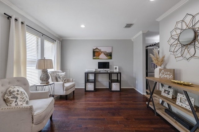 sitting room with dark wood-type flooring and crown molding