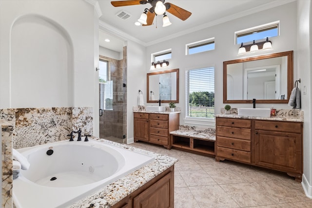 bathroom with separate shower and tub, ceiling fan, crown molding, and tile patterned flooring