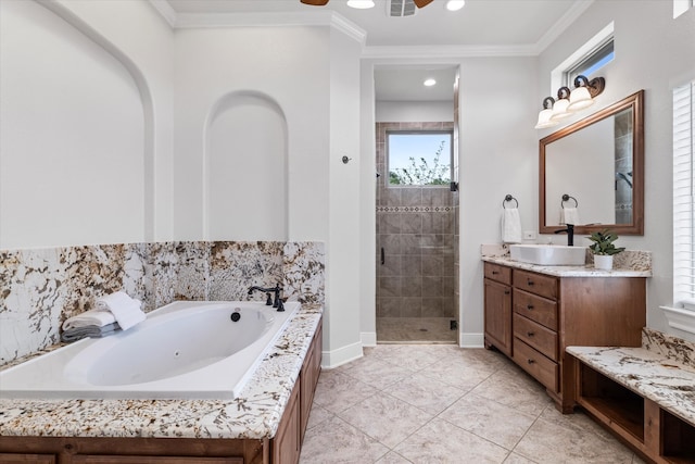 bathroom featuring tile patterned flooring, plus walk in shower, vanity, and ornamental molding