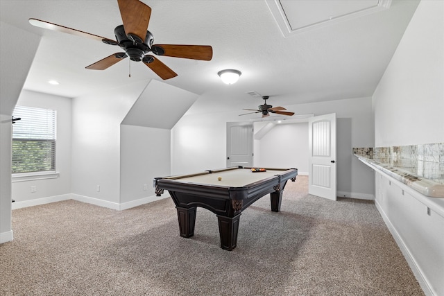 game room featuring light carpet, billiards, and ceiling fan