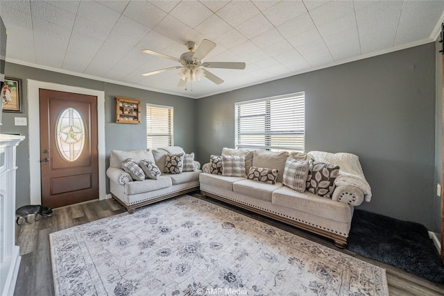 living room featuring wood-type flooring, ornamental molding, and ceiling fan