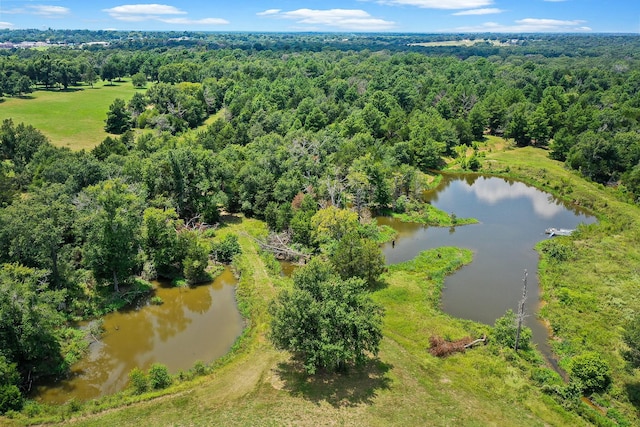 birds eye view of property featuring a forest view and a water view