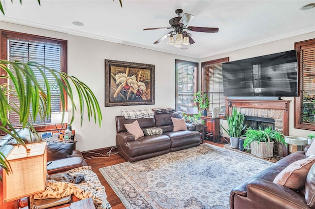 living room featuring dark hardwood / wood-style flooring, a fireplace, crown molding, and ceiling fan