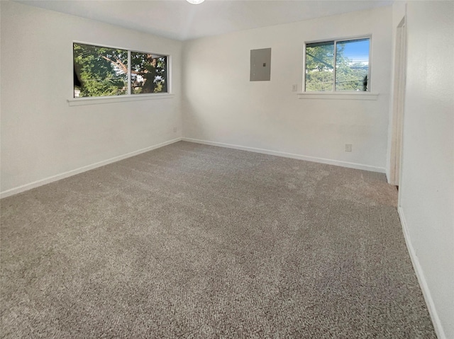 carpeted spare room featuring electric panel