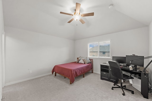 carpeted bedroom featuring vaulted ceiling, ceiling fan, and billiards