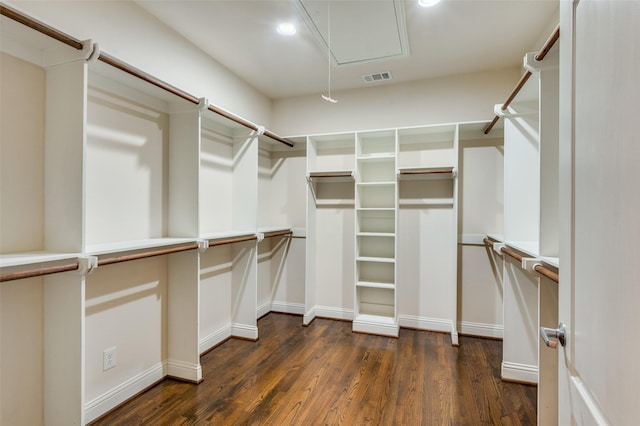 spacious closet featuring dark hardwood / wood-style floors