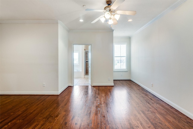 unfurnished room with hardwood / wood-style floors, ornamental molding, and ceiling fan