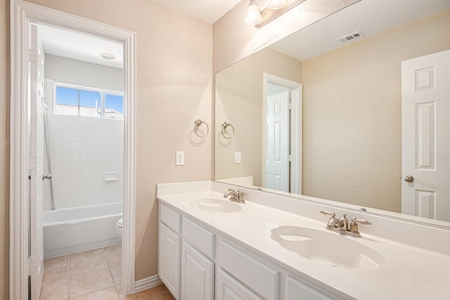 full bathroom featuring tile patterned flooring, shower / tub combination, vanity, and toilet