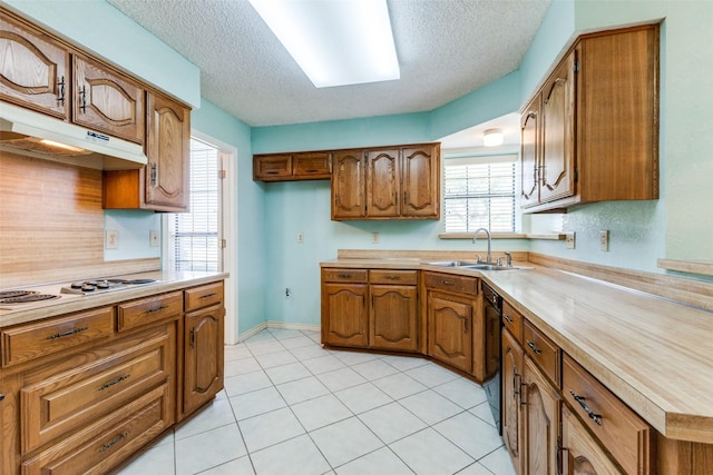 kitchen featuring a textured ceiling, dishwasher, white gas cooktop, and sink