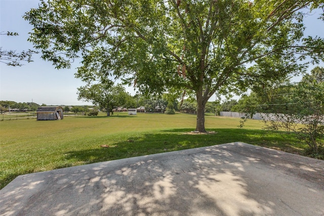 view of yard with a shed and a patio area