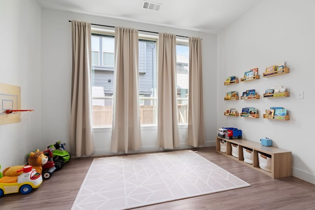 game room with wood-type flooring