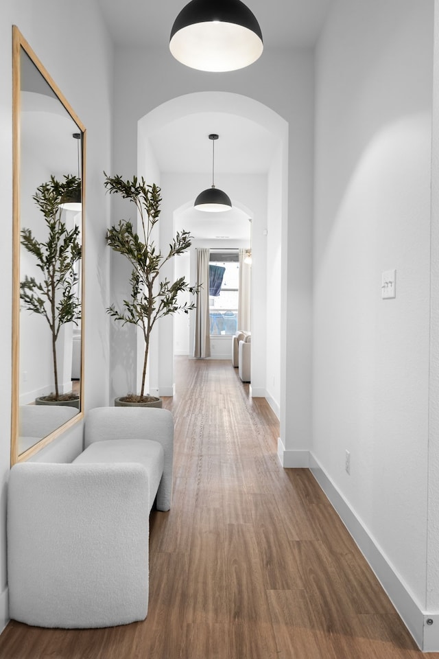 corridor with hardwood / wood-style flooring