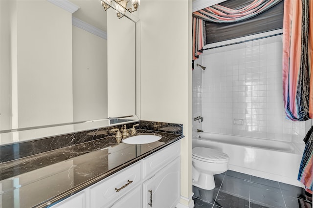 full bathroom with crown molding, tile patterned floors, tiled shower / bath, toilet, and vanity